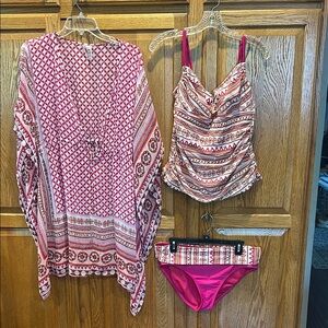Pink and Red Patterned Swim Set with Cover-Up